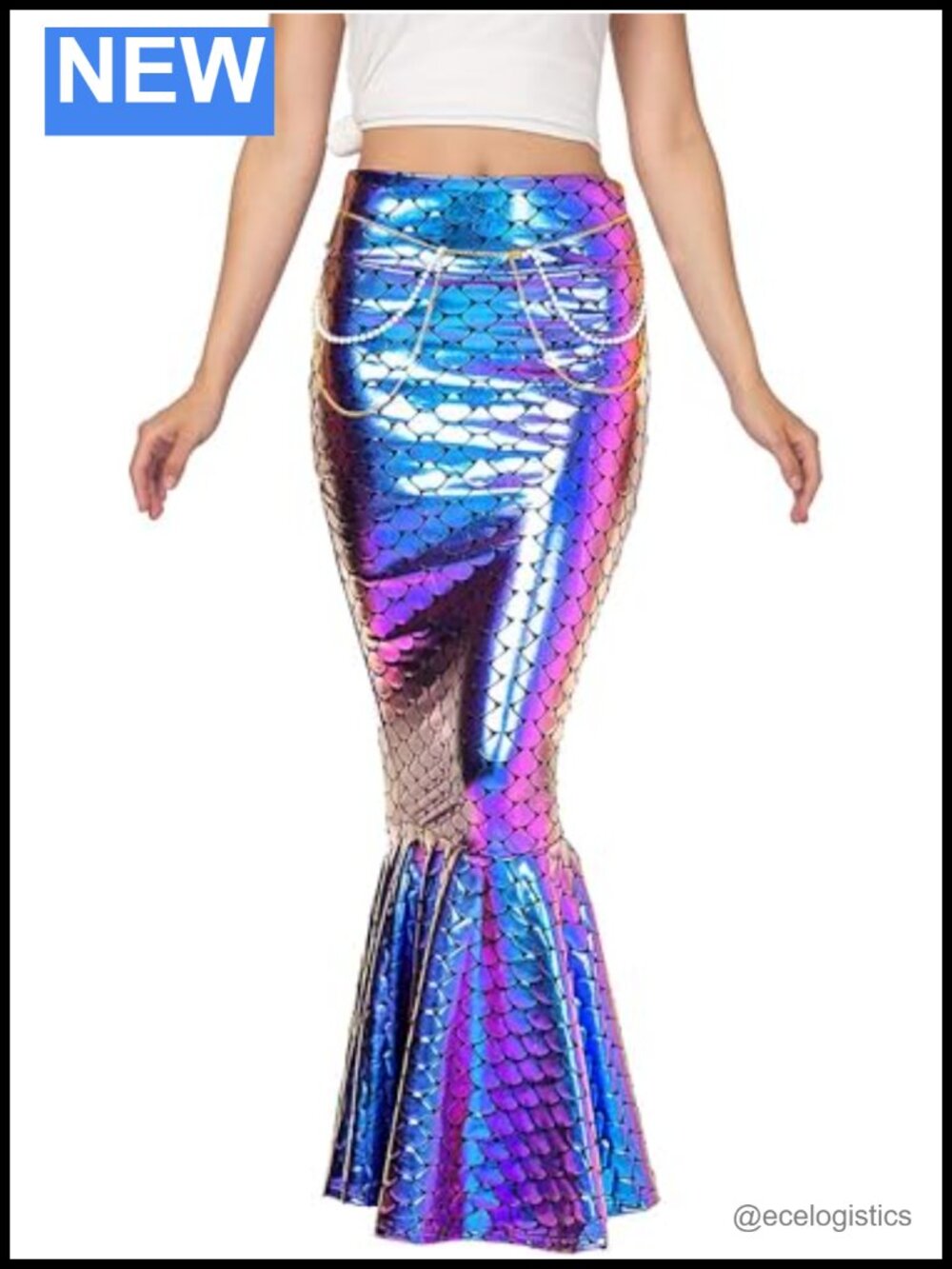 Womens Metallic Hologram Scale Print Slim Fit Maxi Mermaid Skirt with Pearl